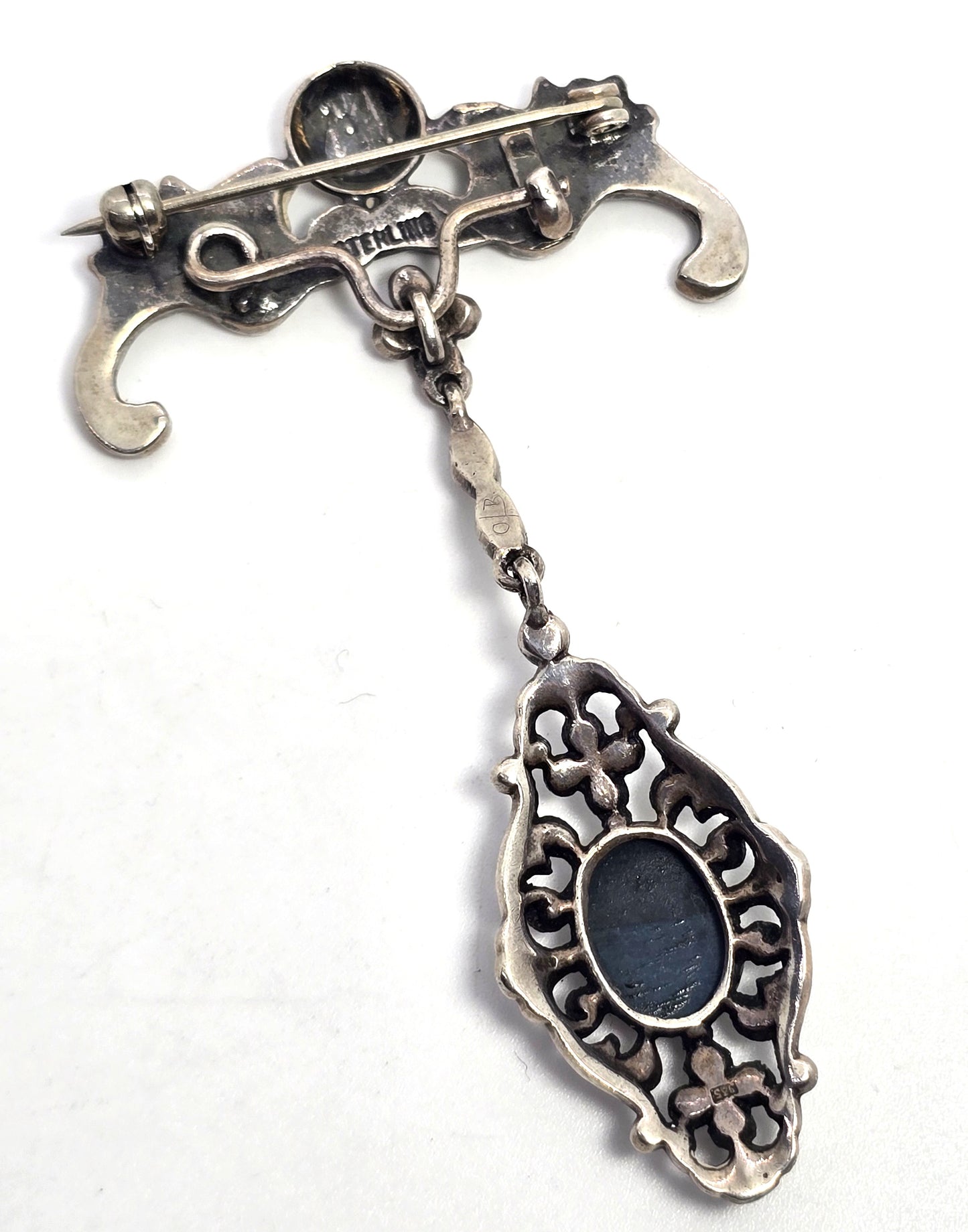 Art Nouveau Lily fob antique sterling silver fob brooch marcasite green stone drop