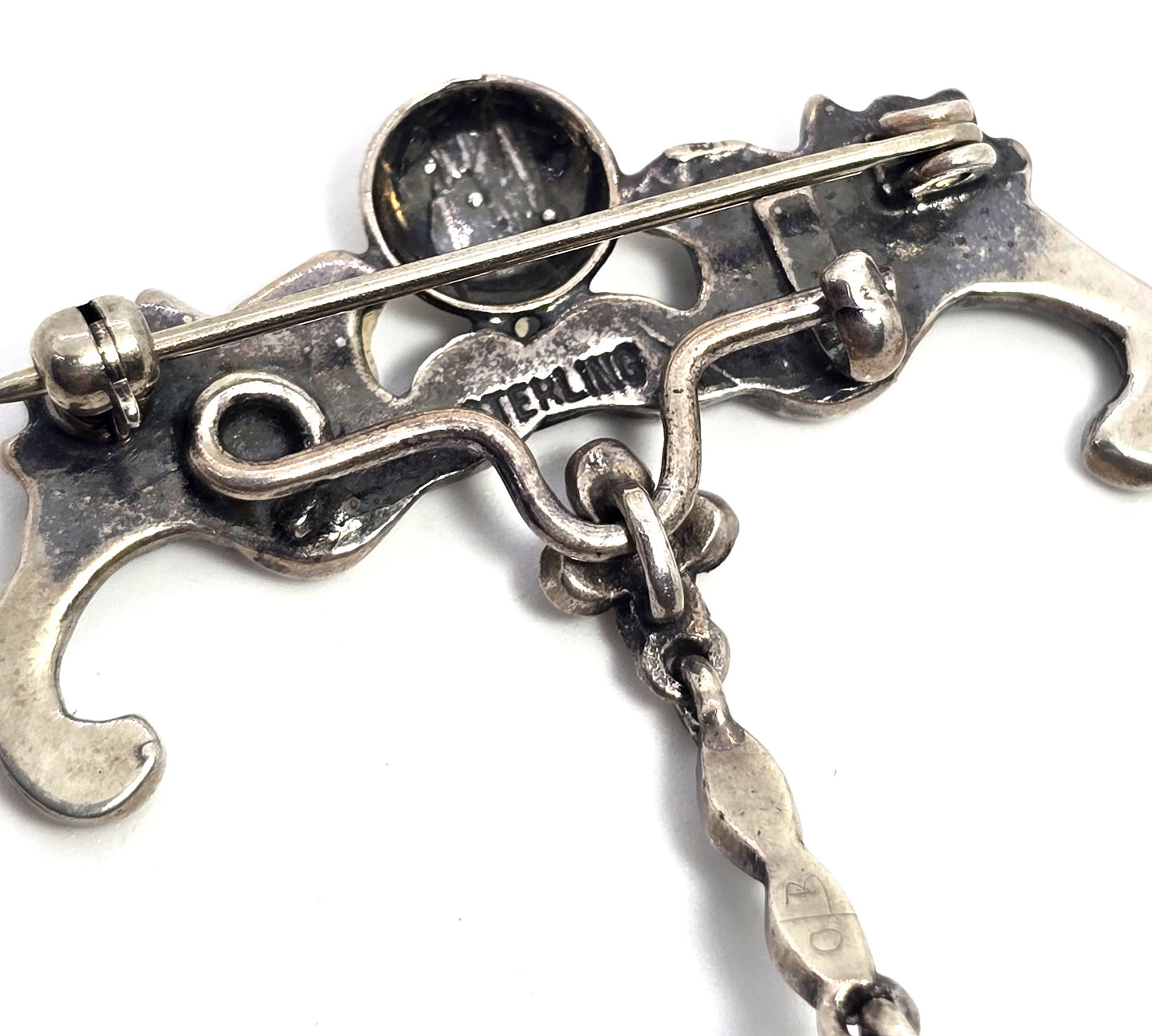 Art Nouveau Lily fob antique sterling silver fob brooch marcasite green stone drop