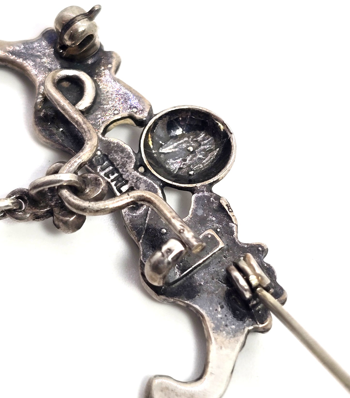 Art Nouveau Lily fob antique sterling silver fob brooch marcasite green stone drop