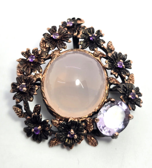 Rose Quartz Amethyst and Tanzanite gold over sterling silver pendant brooch