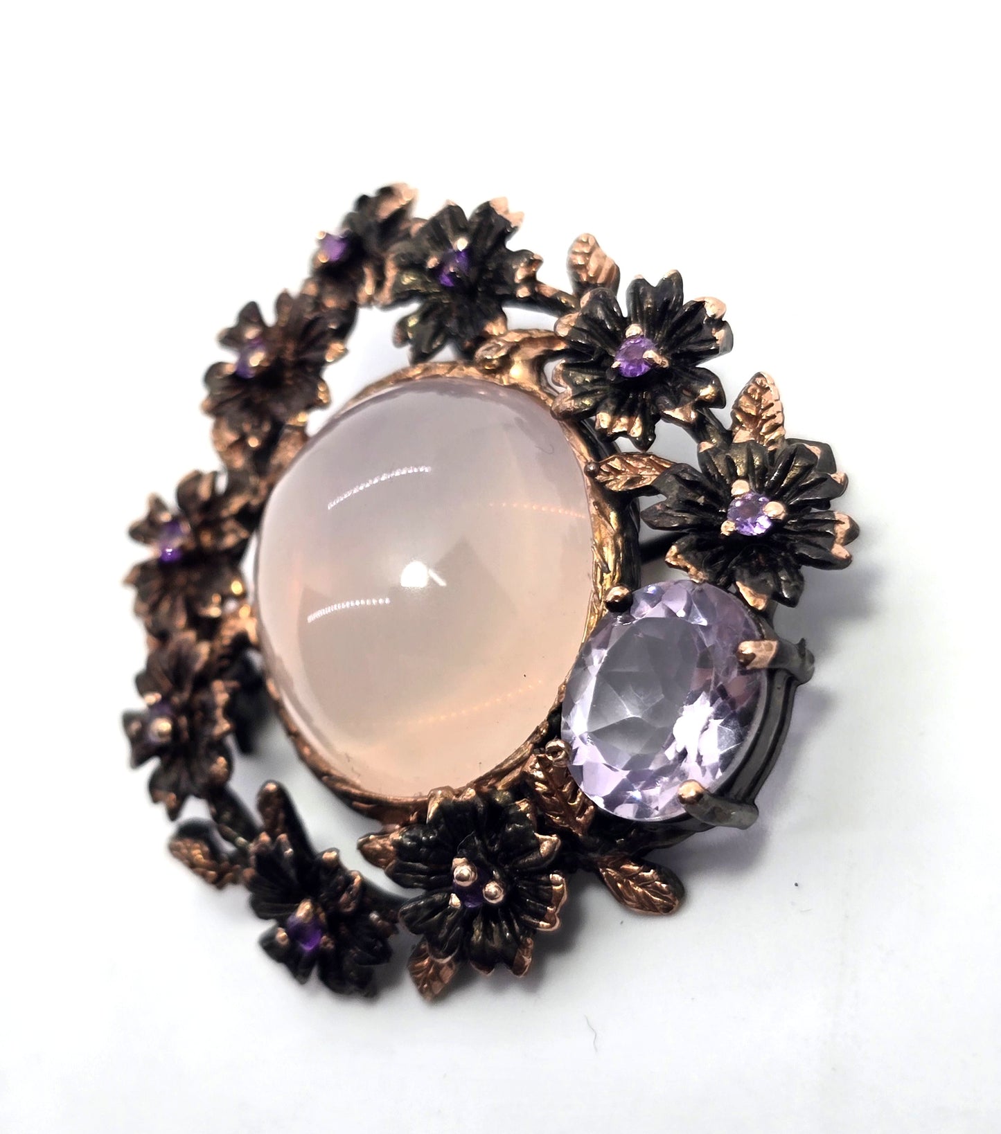 Rose Quartz Amethyst and Tanzanite gold over sterling silver pendant brooch