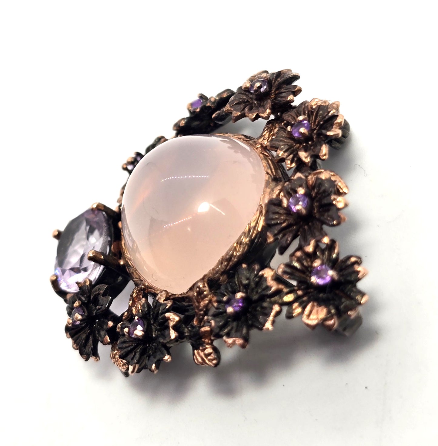 Rose Quartz Amethyst and Tanzanite gold over sterling silver pendant brooch