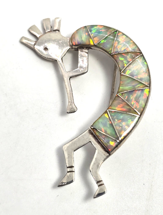 Steve Francisco Navajo Kokopelli Vintage Sterling Silver fire opal pendant brooch