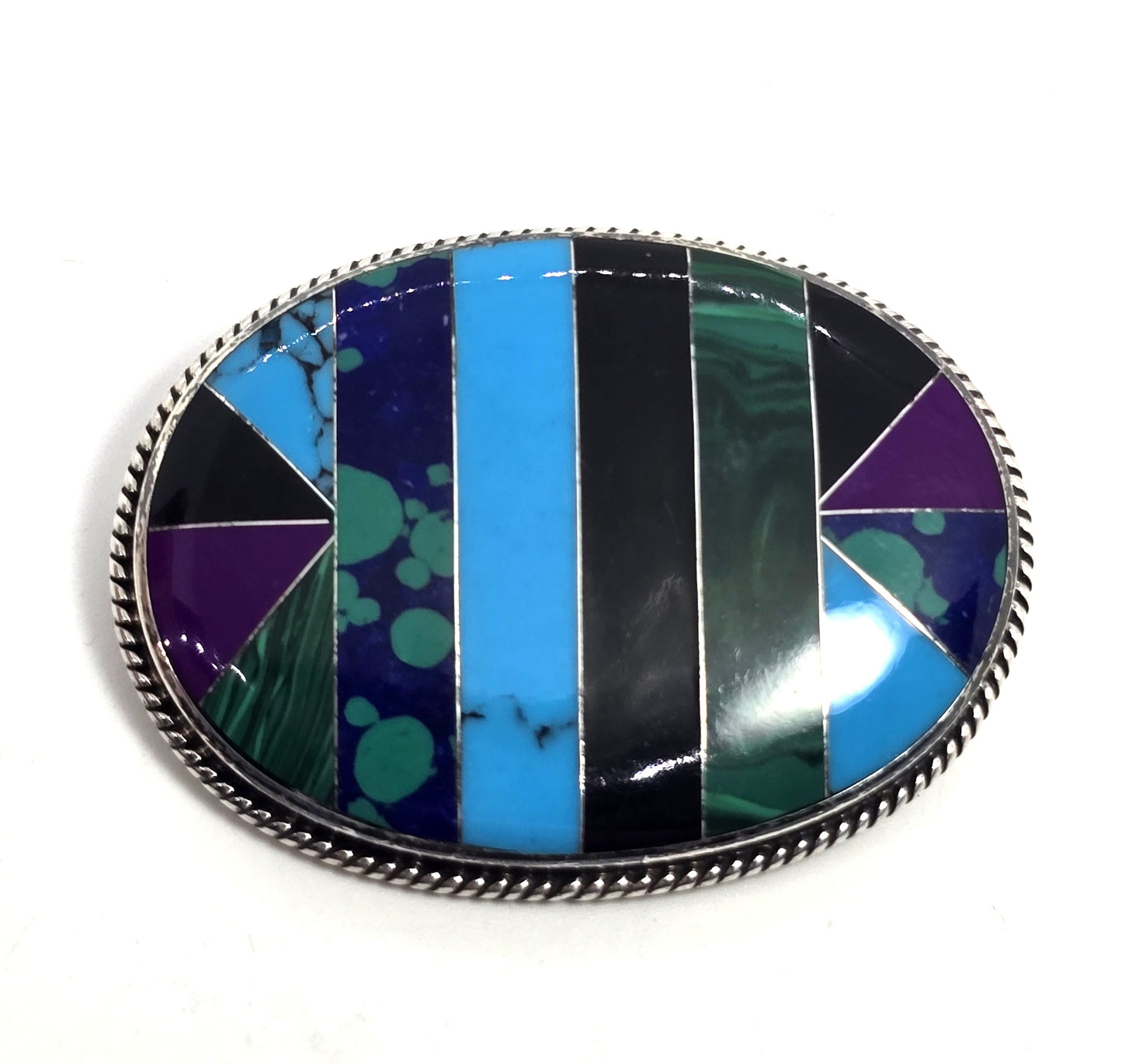 CII Taxco 925 Sterling Silver Malachite Onyx Turquoise Inlay Oval Pendant Brooch