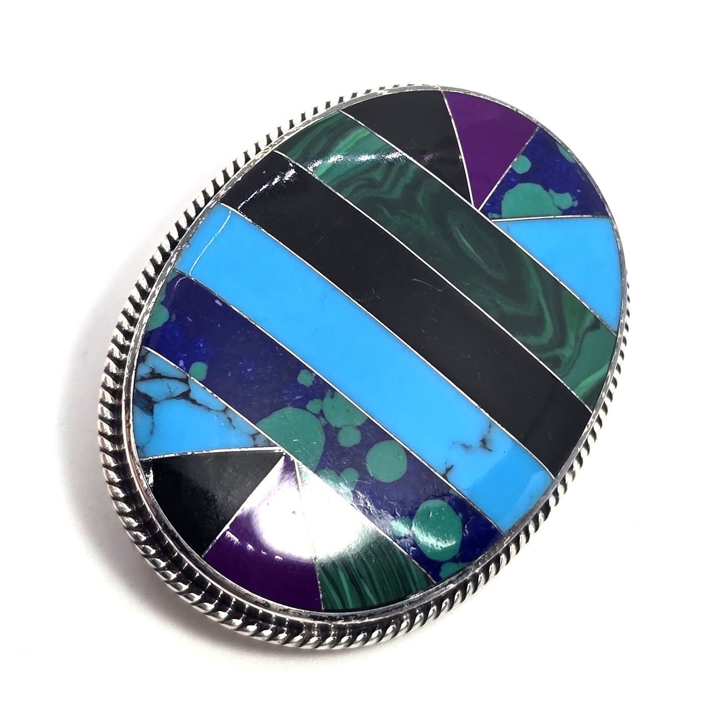 CII Taxco 925 Sterling Silver Malachite Onyx Turquoise Inlay Oval Pendant Brooch