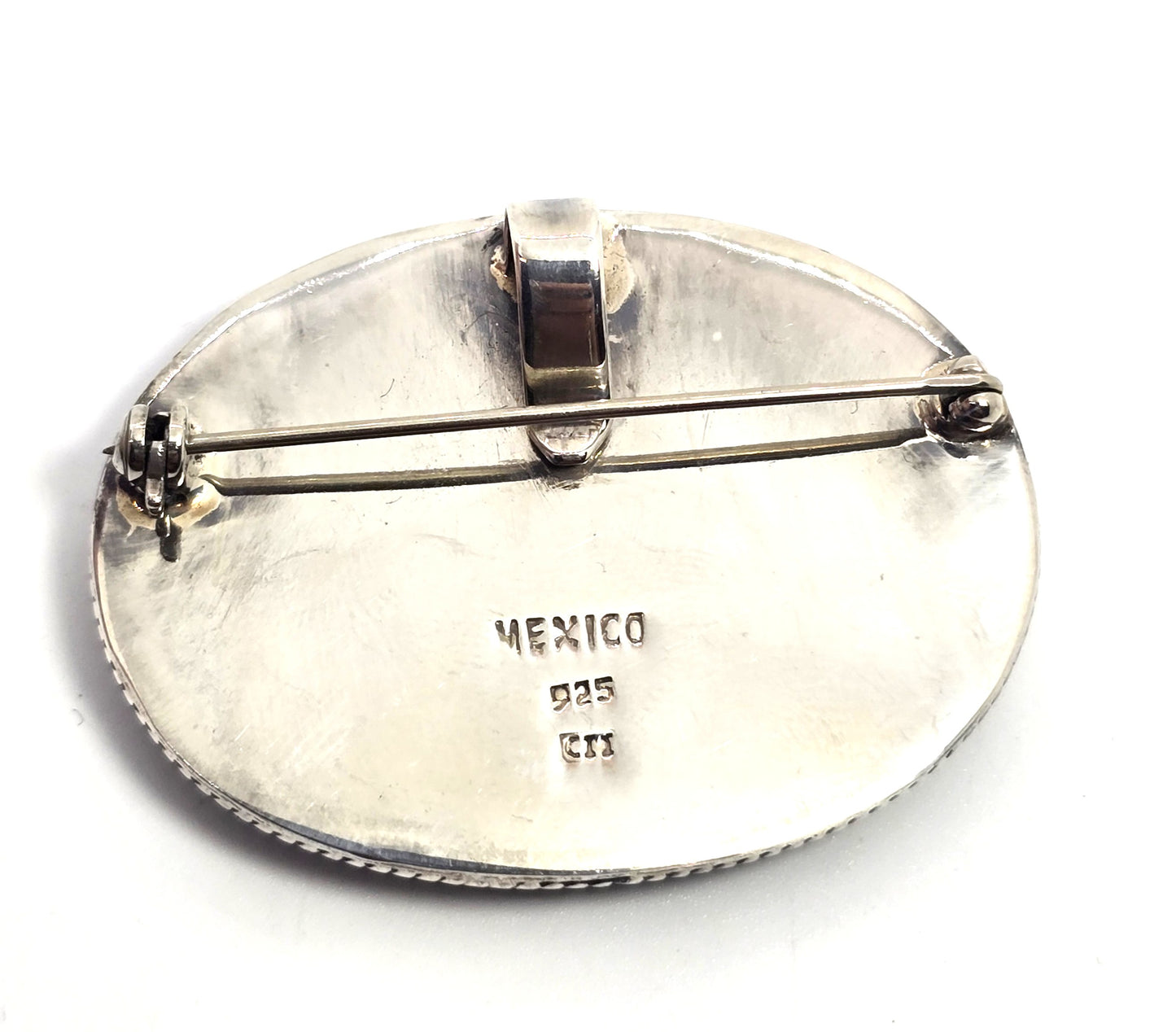 CII Taxco 925 Sterling Silver Malachite Onyx Turquoise Inlay Oval Pendant Brooch