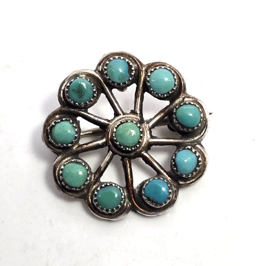 Zuni Snake Eyes petite point turquoise Native American Sterling Silver pendant brooch