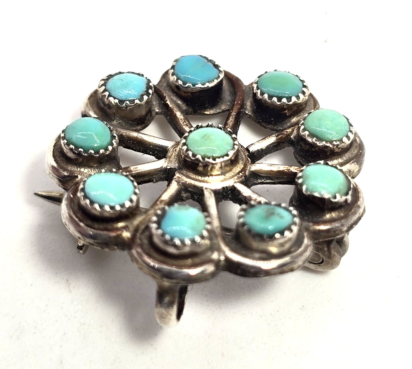 Zuni Snake Eyes petite point turquoise Native American Sterling Silver pendant brooch