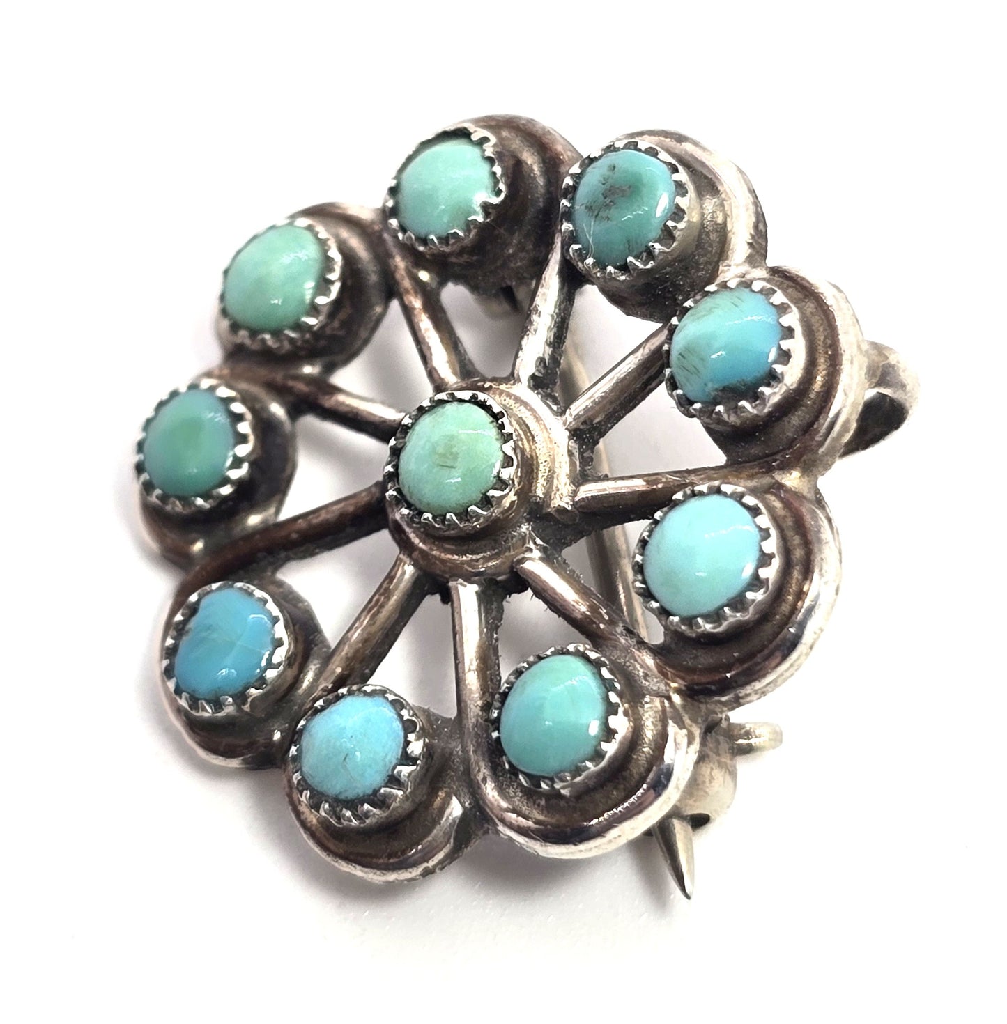 Zuni Snake Eyes petite point turquoise Native American Sterling Silver pendant brooch