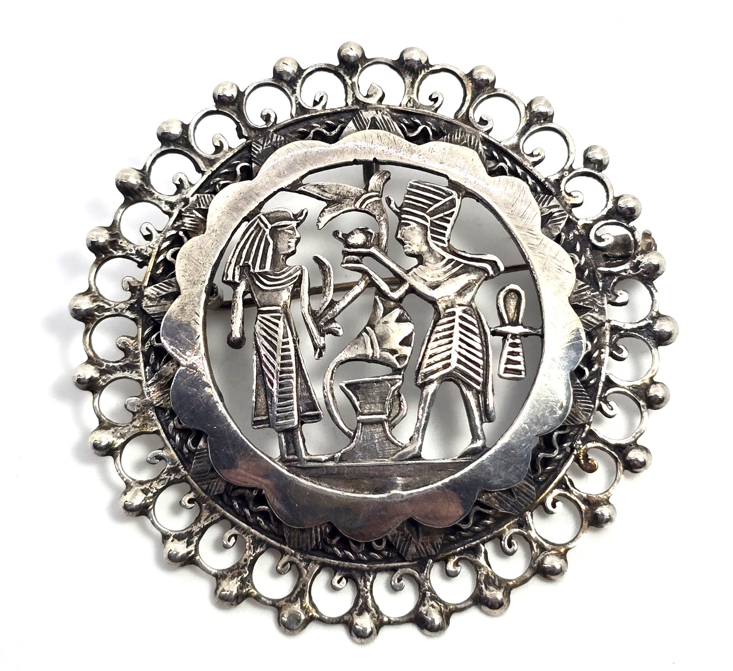 Egyptian Revival King Tut Pharoah large ankh antique sterling silver pendant brooch