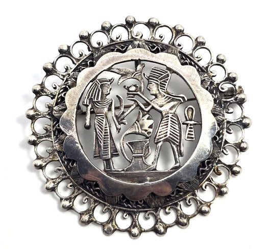 Egyptian Revival King Tut Pharoah large ankh antique sterling silver pendant brooch