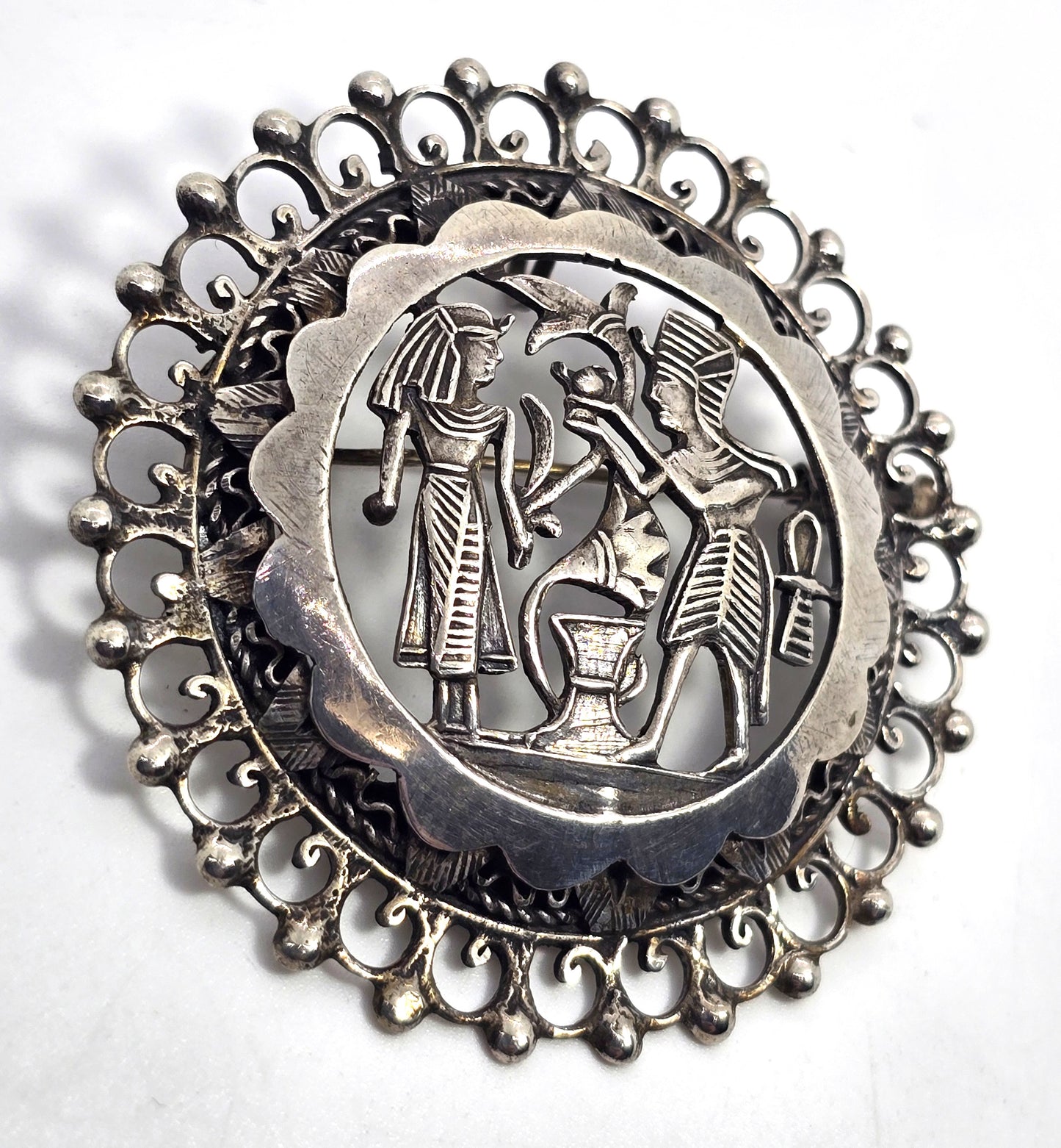 Egyptian Revival King Tut Pharoah large ankh antique sterling silver pendant brooch