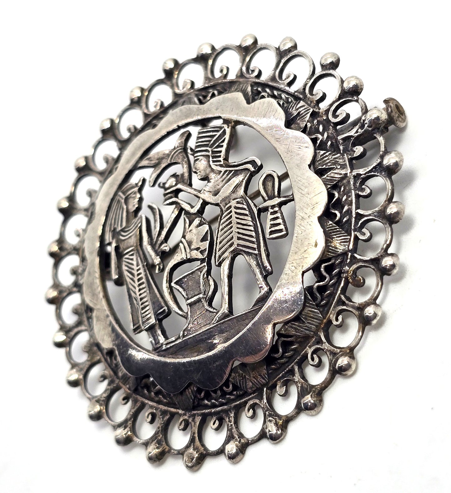 Egyptian Revival King Tut Pharoah large ankh antique sterling silver pendant brooch