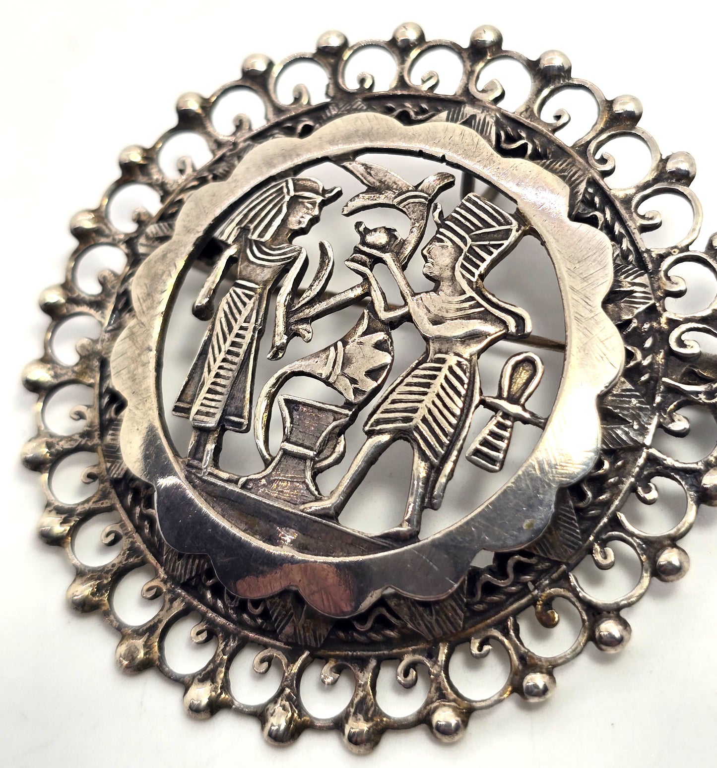 Egyptian Revival King Tut Pharoah large ankh antique sterling silver pendant brooch