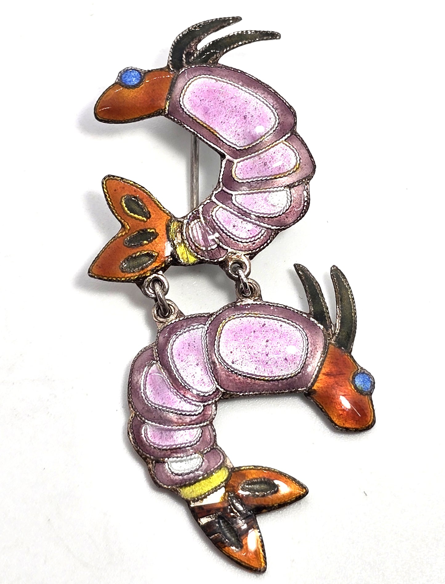 Double pink shrimp articulated whimsical vintage sterling crustacean pin brooch
