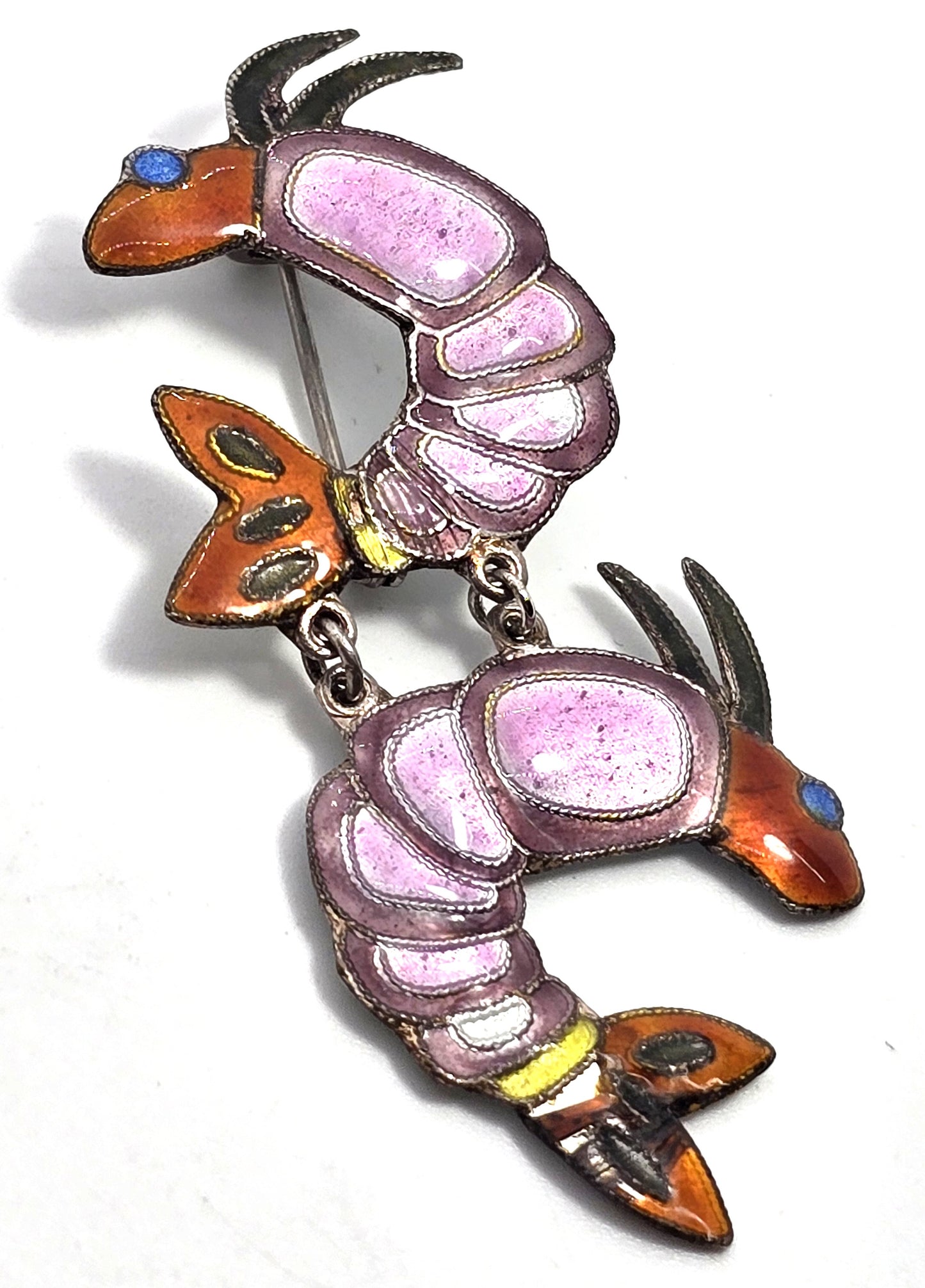 Double pink shrimp articulated whimsical vintage sterling crustacean pin brooch