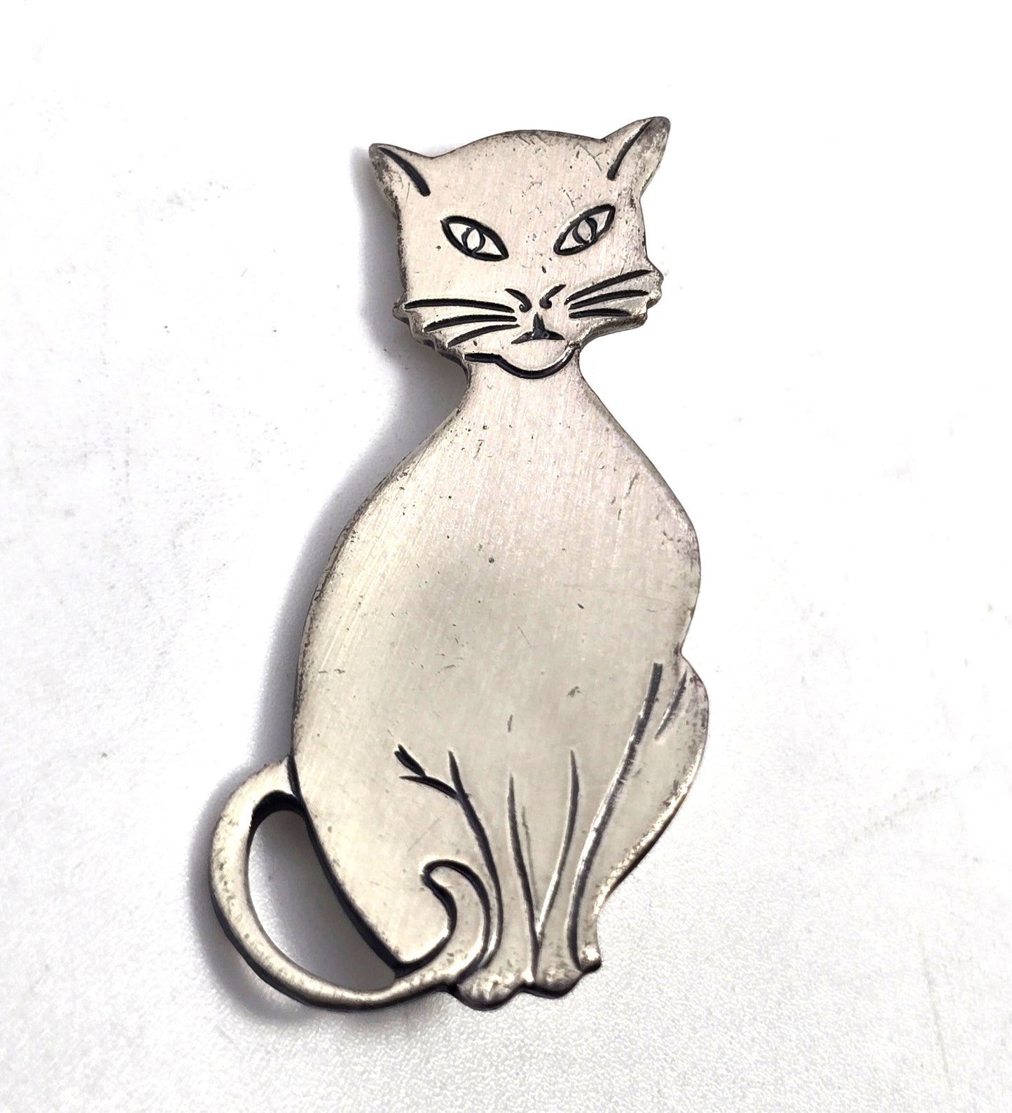 Beau Sterling modernist mid century cat vintage brushed sterling silver feline brooch