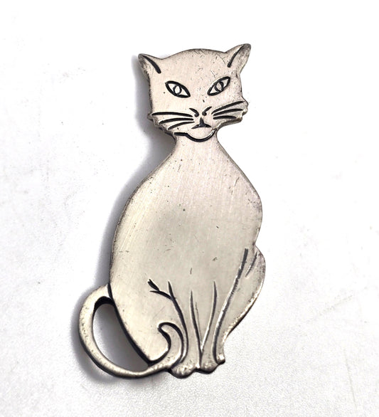 Beau Sterling modernist mid century cat vintage brushed sterling silver feline brooch