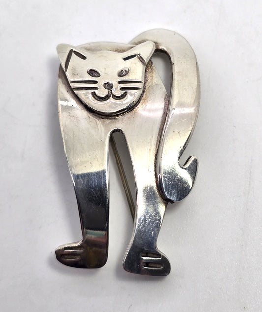 Mexican Kitty Cat vintage signed sterling silver domed layered feline brooch