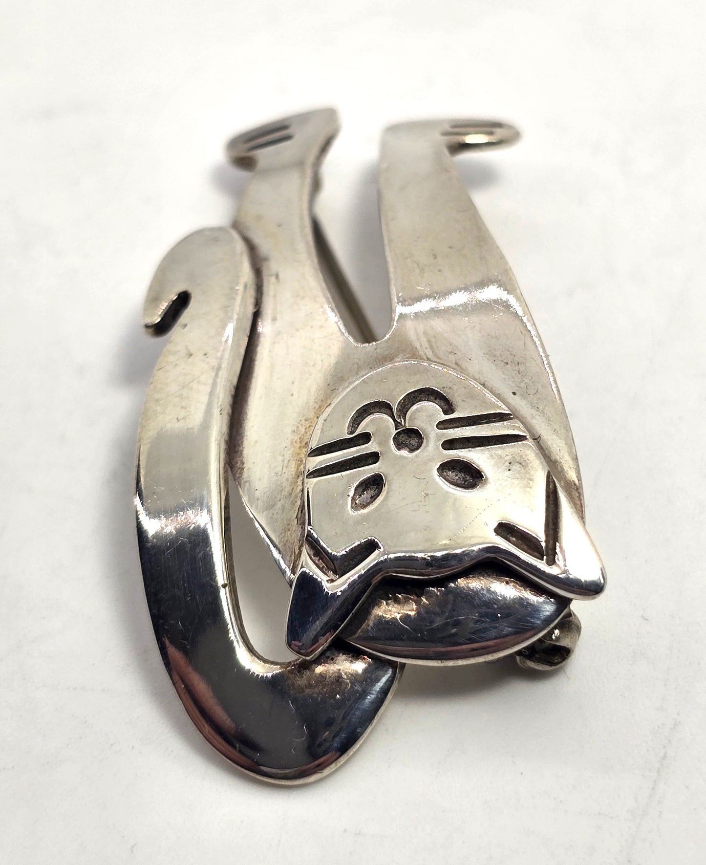 Mexican Kitty Cat vintage signed sterling silver domed layered feline brooch