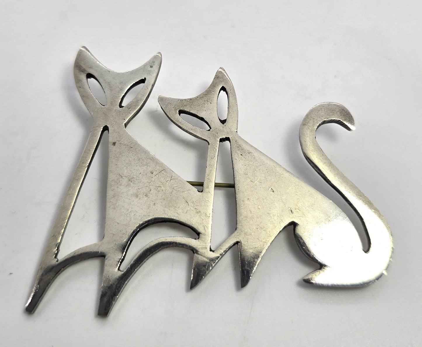 Taxco Mexican Double Kitty Cat Large vintage signed sterling silver feline brooch