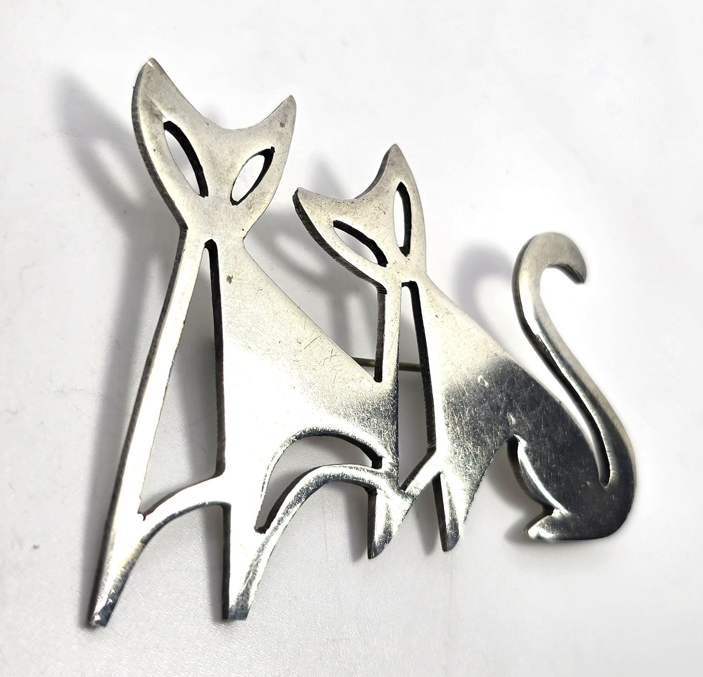 Taxco Mexican Double Kitty Cat Large vintage signed sterling silver feline brooch