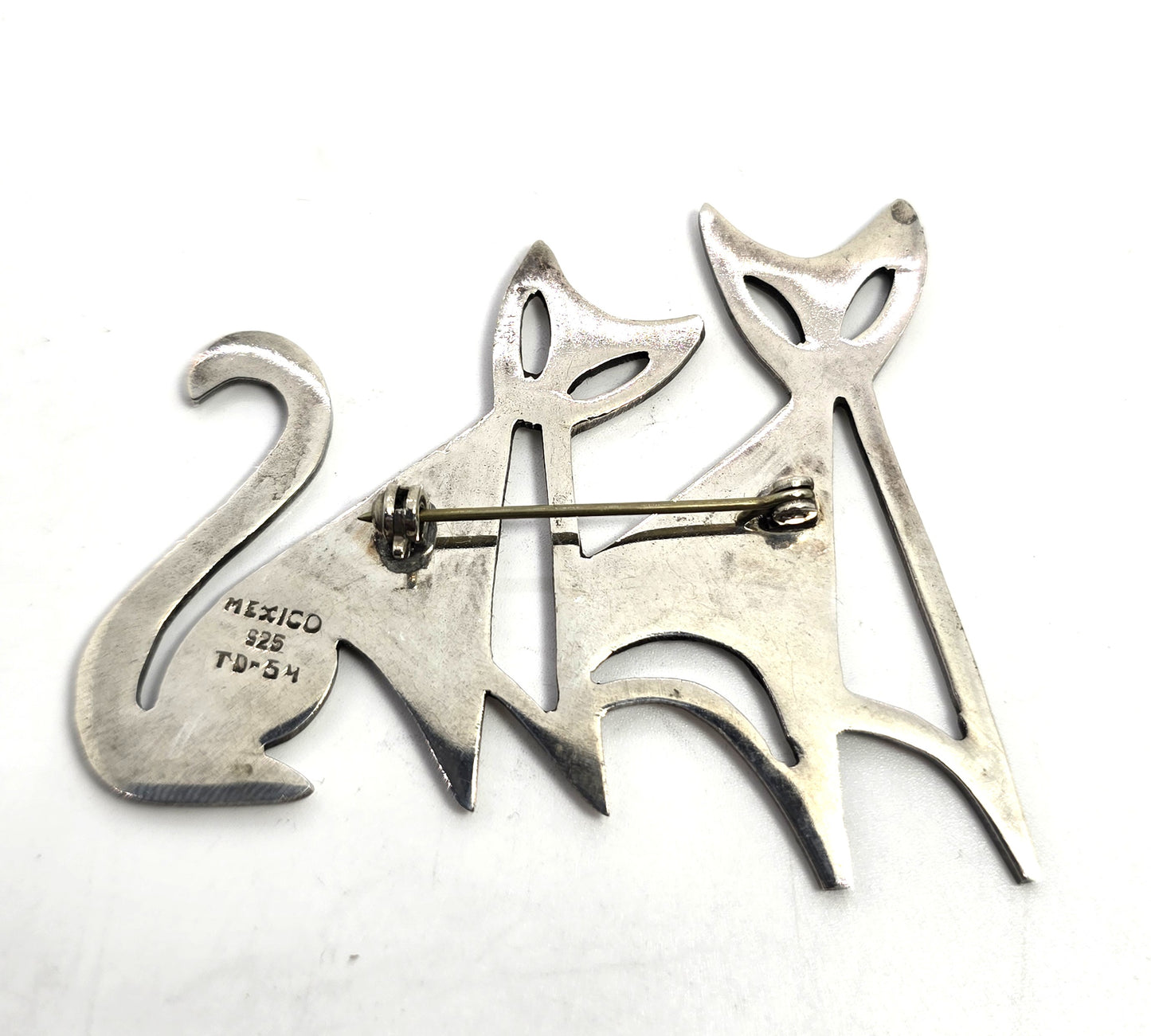 Taxco Mexican Double Kitty Cat Large vintage signed sterling silver feline brooch
