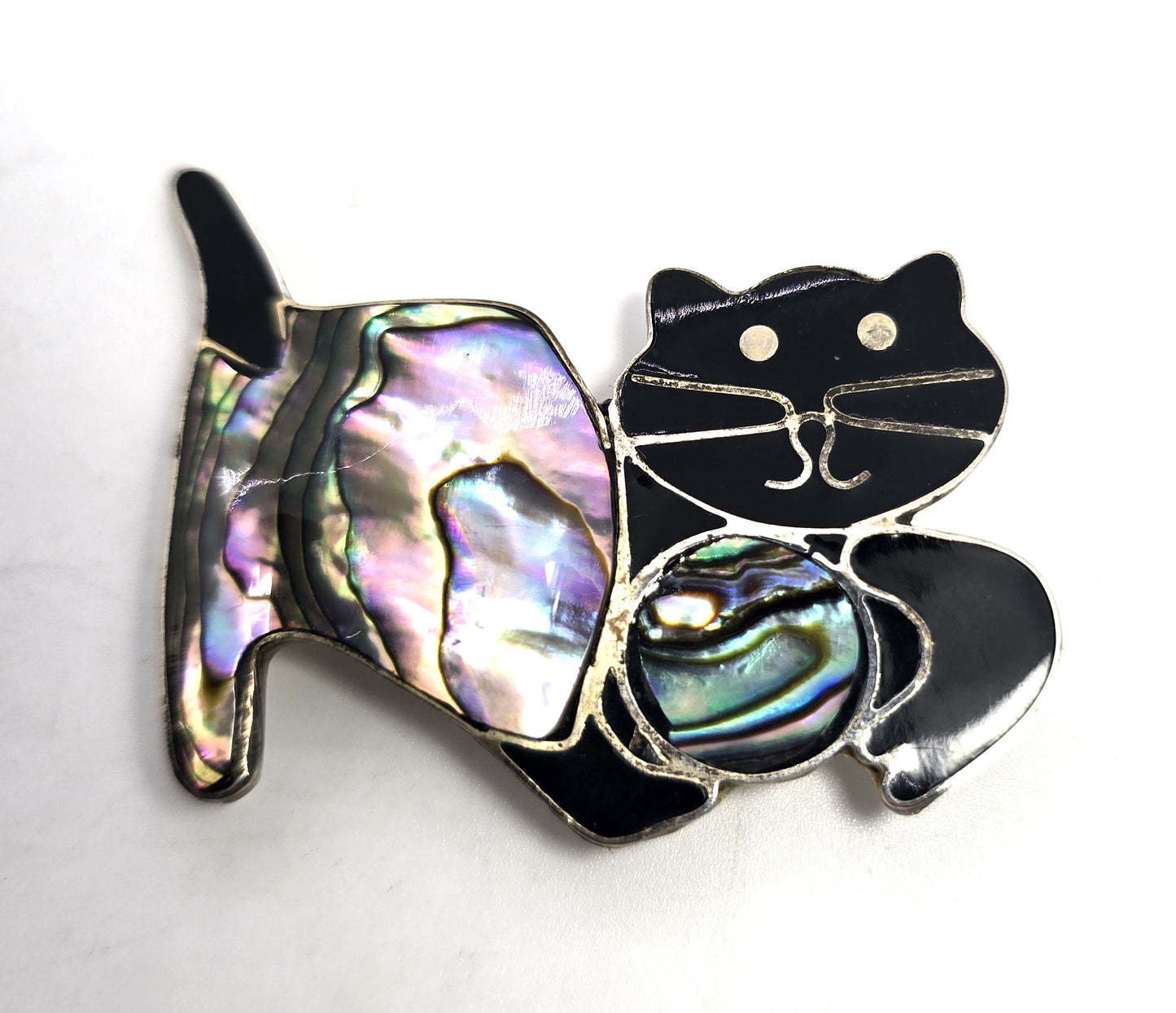 Alpaca Mexican Playing Kitty Cat abalone vintage feline brooch