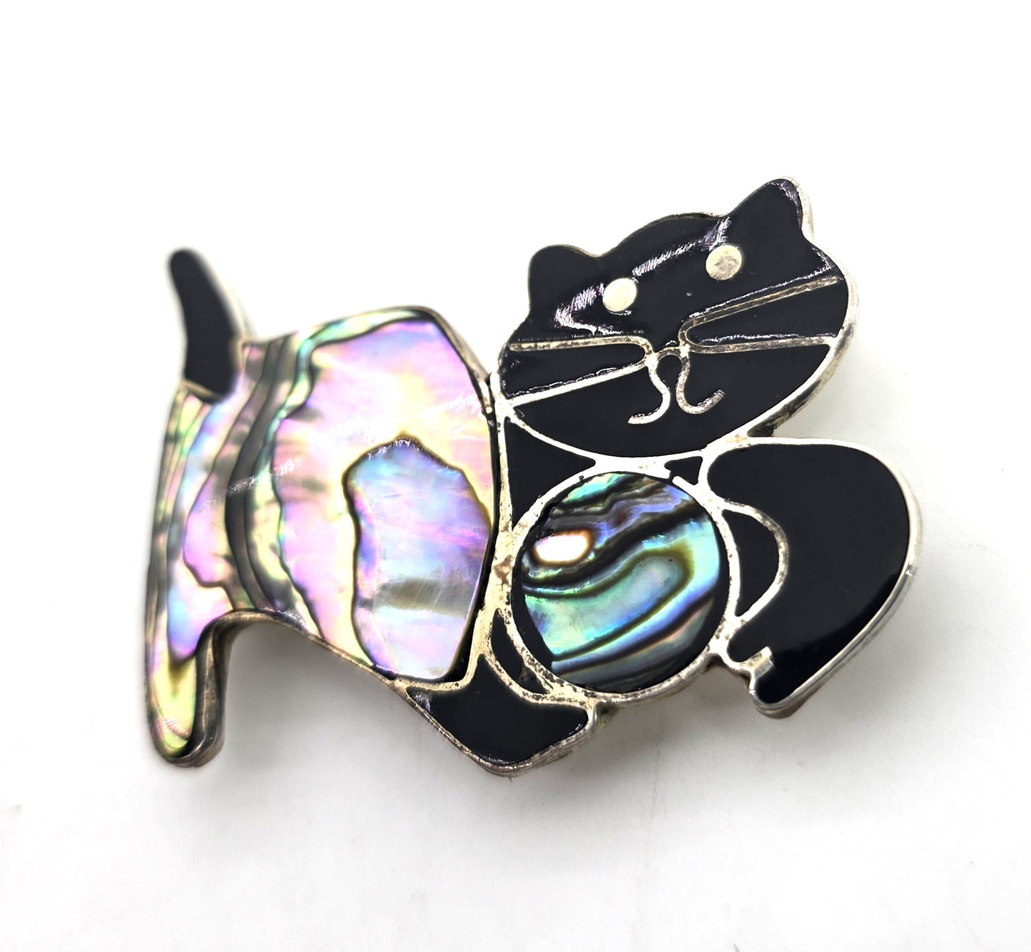 Alpaca Mexican Playing Kitty Cat abalone vintage feline brooch