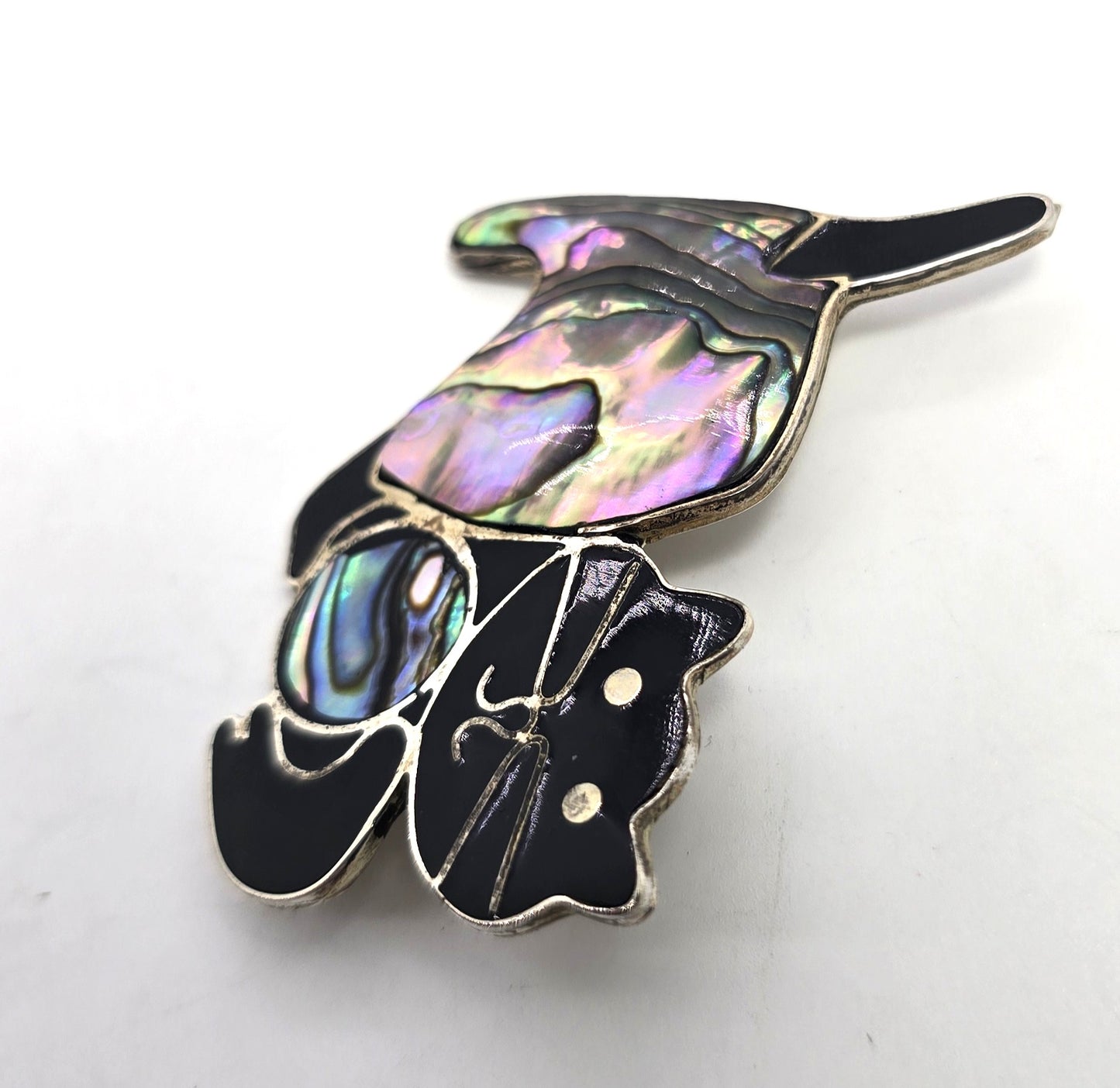 Alpaca Mexican Playing Kitty Cat abalone vintage feline brooch