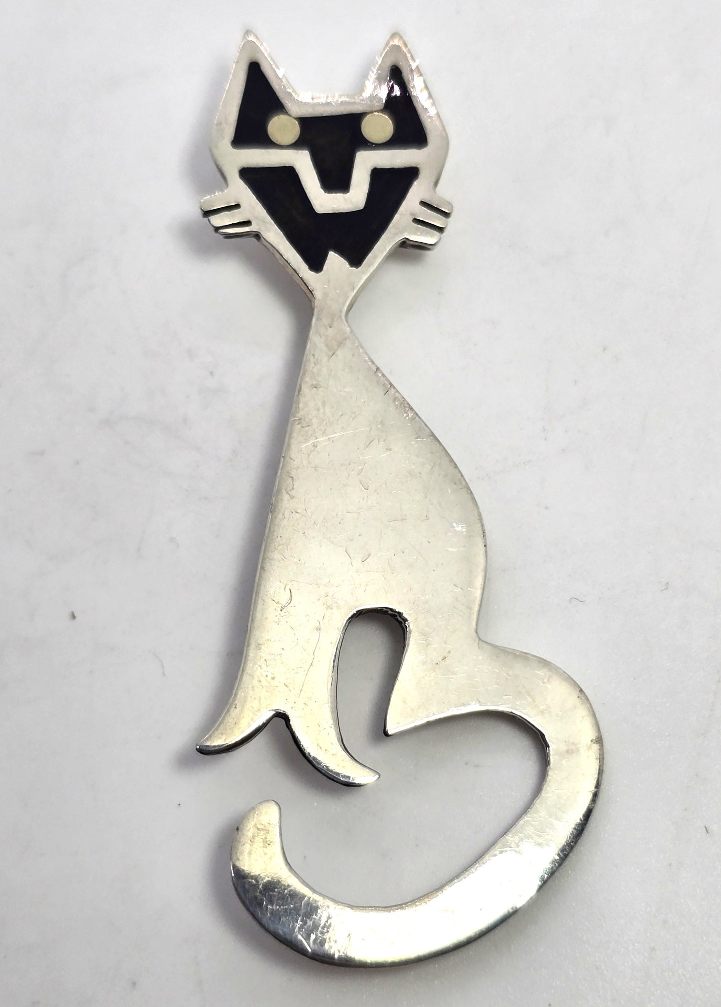 Mexico Taxco Black Enamel  Kitty Cat vintage signed sterling silver feline brooch