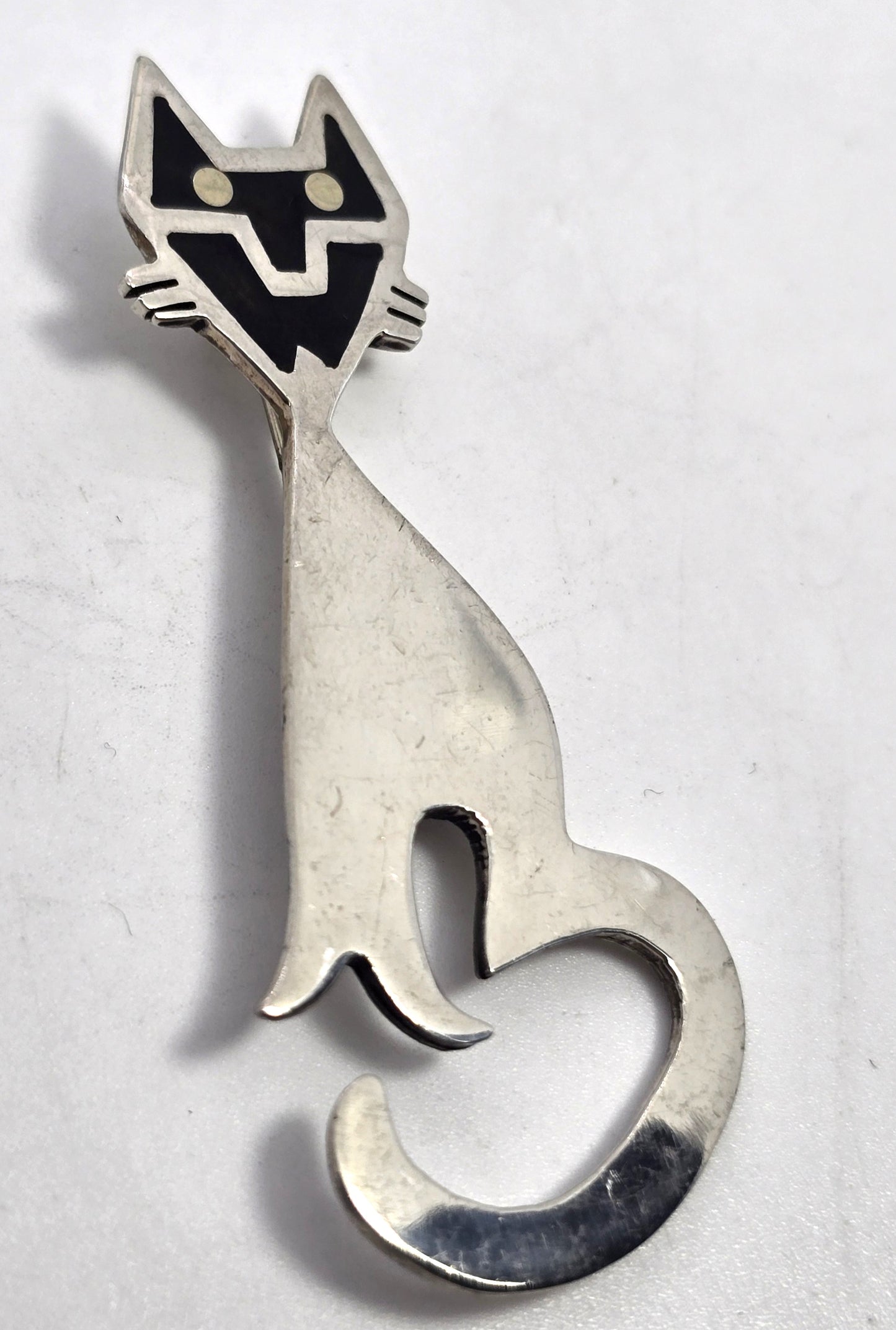 Mexico Taxco Black Enamel  Kitty Cat vintage signed sterling silver feline brooch