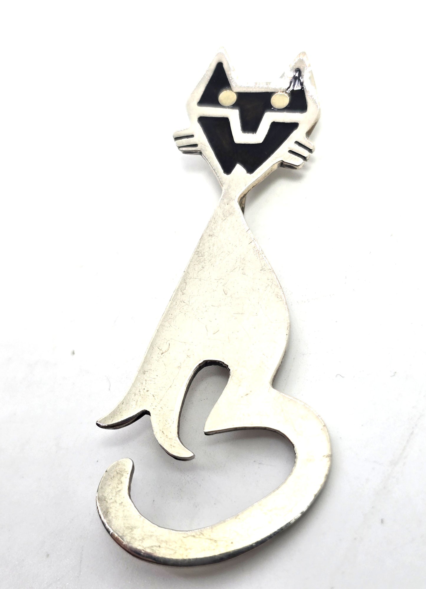 Mexico Taxco Black Enamel  Kitty Cat vintage signed sterling silver feline brooch