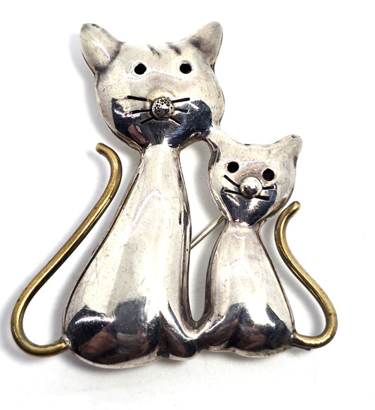Taxco Mexican Double Kitty Cat Large vintage brass and sterling silver pendant brooch