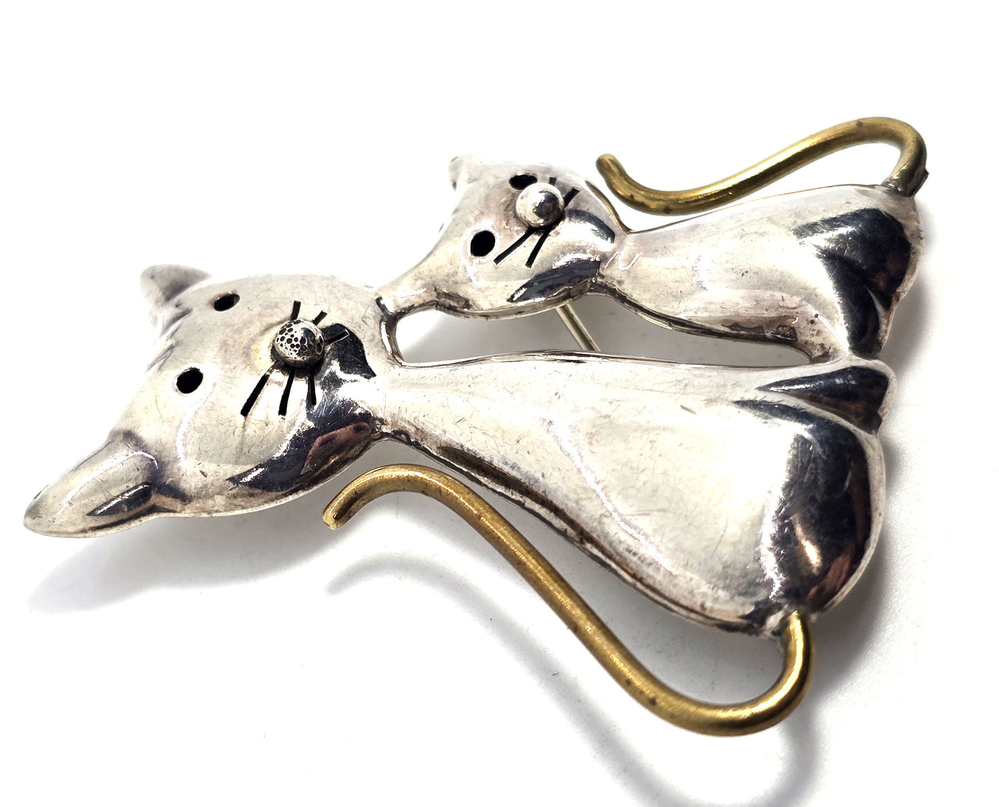 Taxco Mexican Double Kitty Cat Large vintage brass and sterling silver pendant brooch