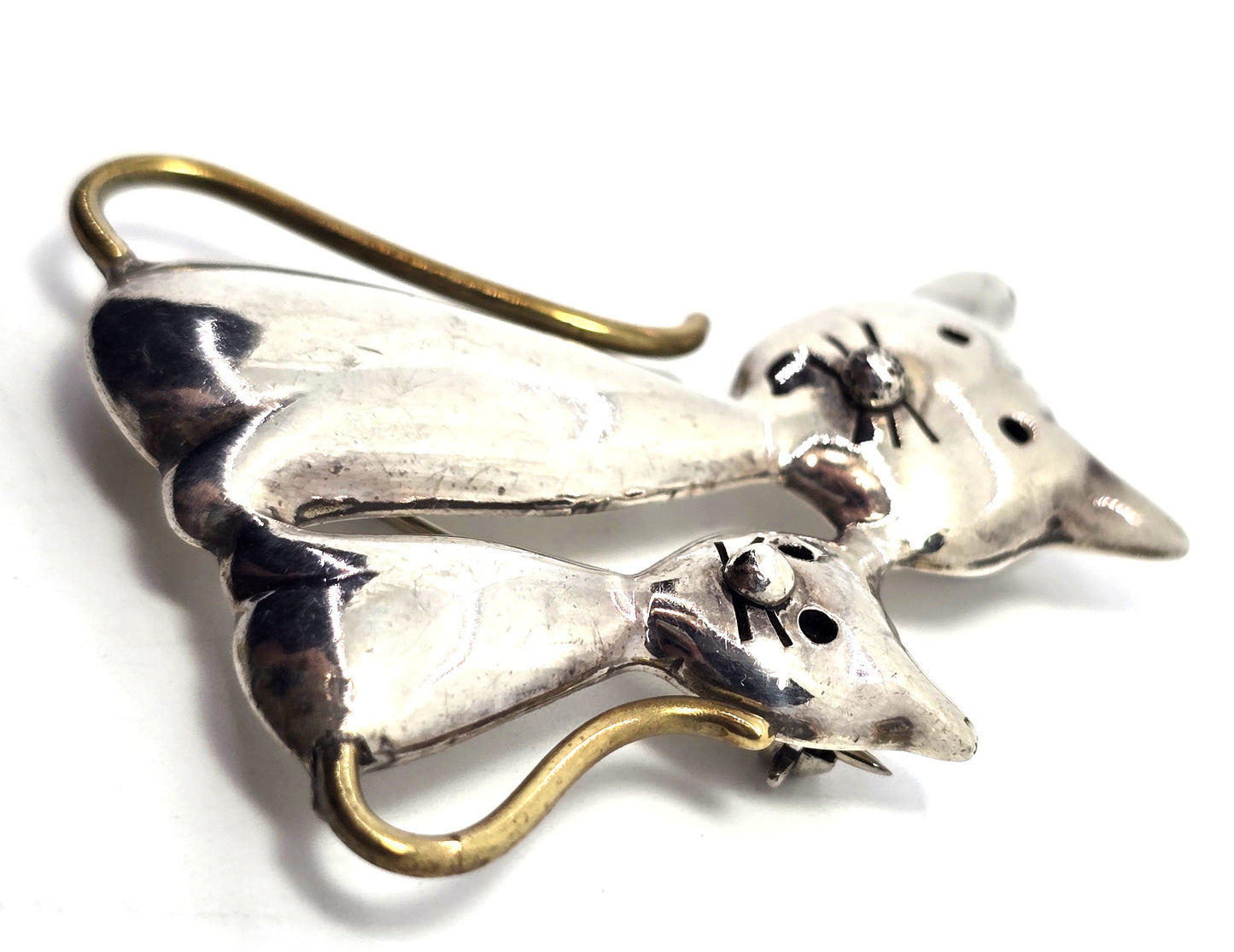 Taxco Mexican Double Kitty Cat Large vintage brass and sterling silver pendant brooch