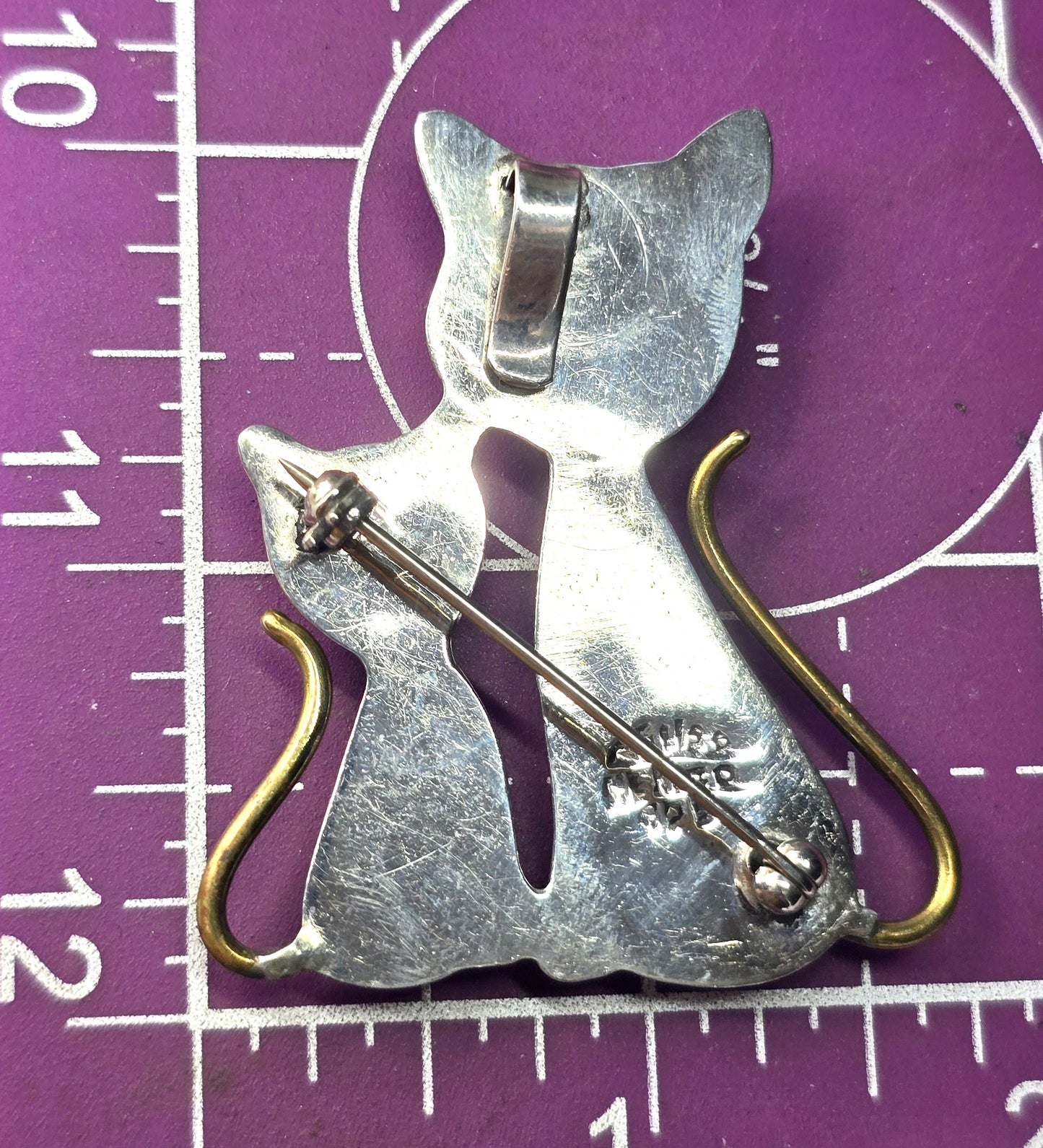 Taxco Mexican Double Kitty Cat Large vintage brass and sterling silver pendant brooch
