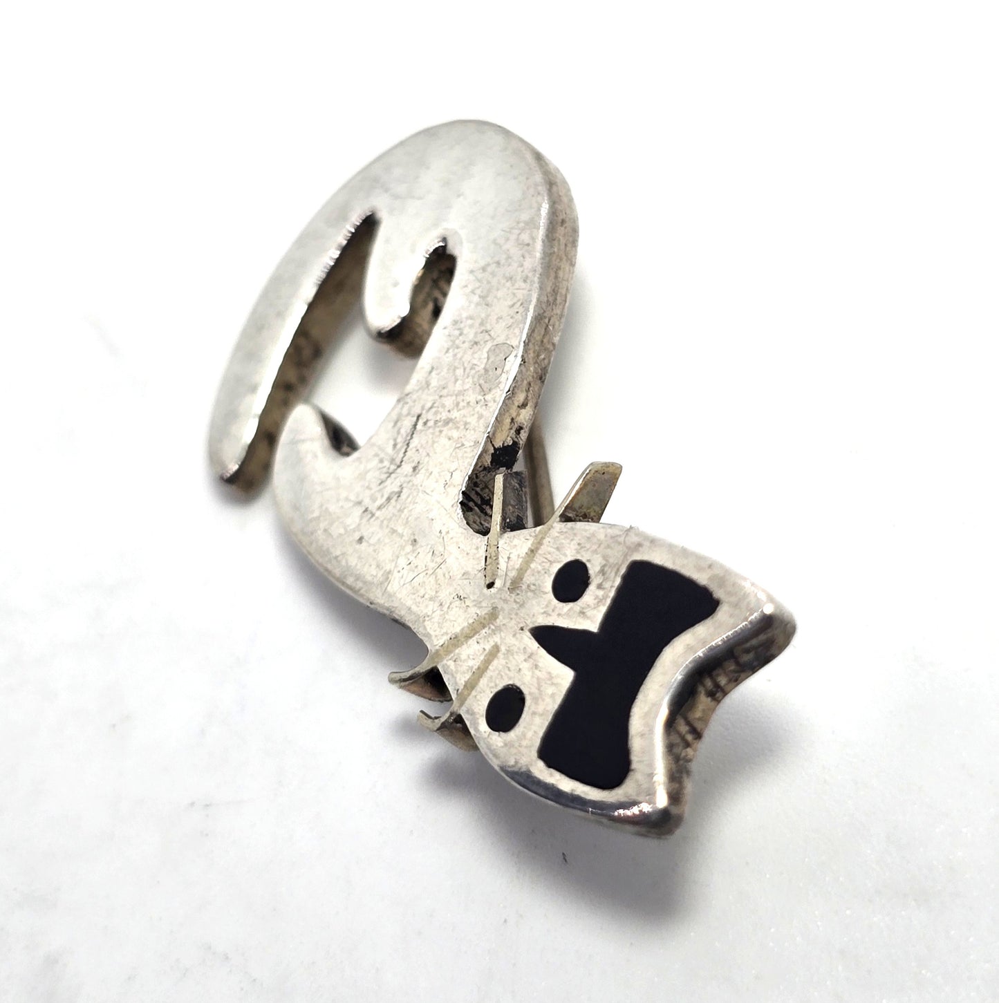 Mexico Taxco Black Enamel small Kitty Cat vintage sterling silver feline brooch