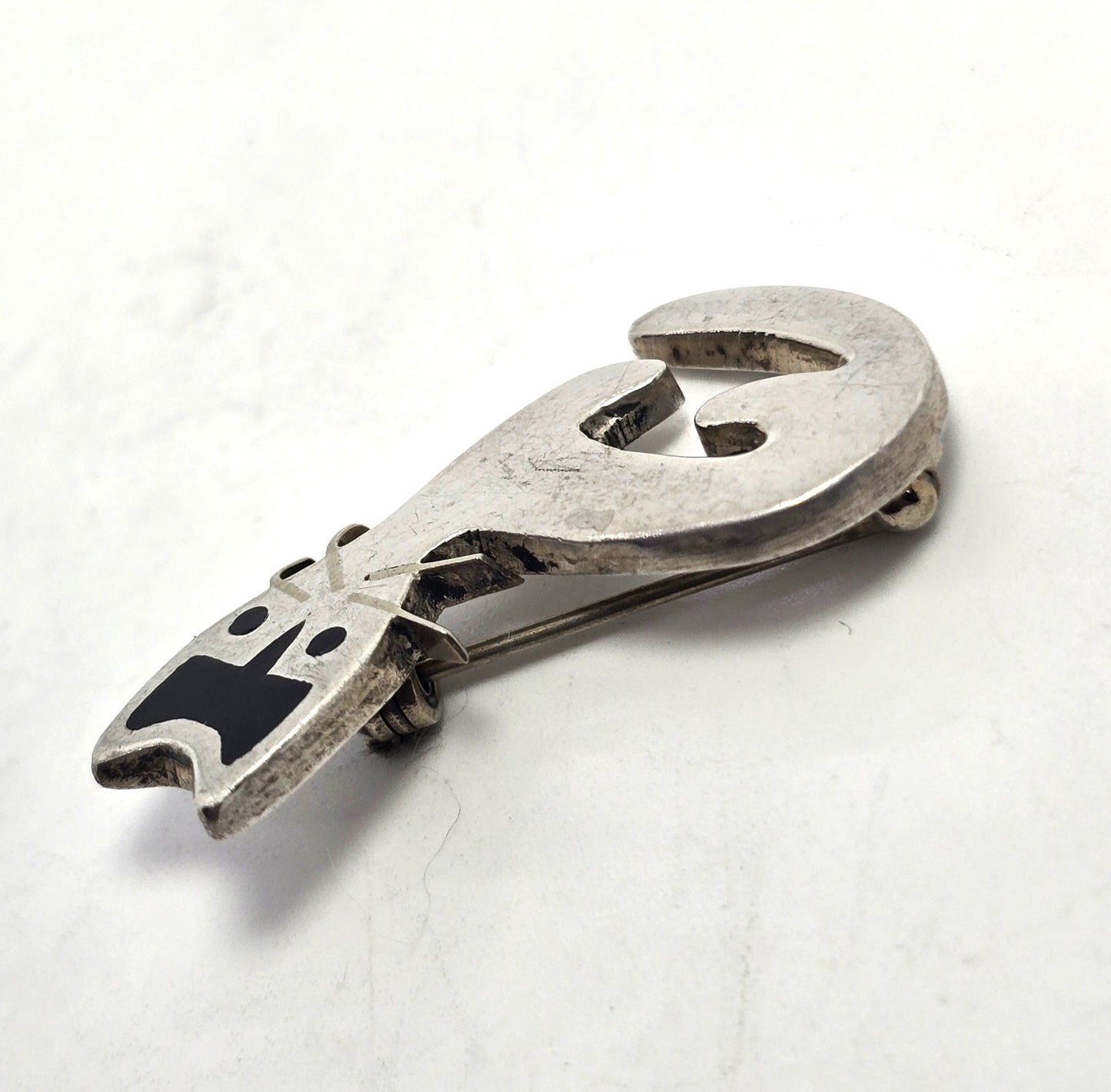 Mexico Taxco Black Enamel small Kitty Cat vintage sterling silver feline brooch