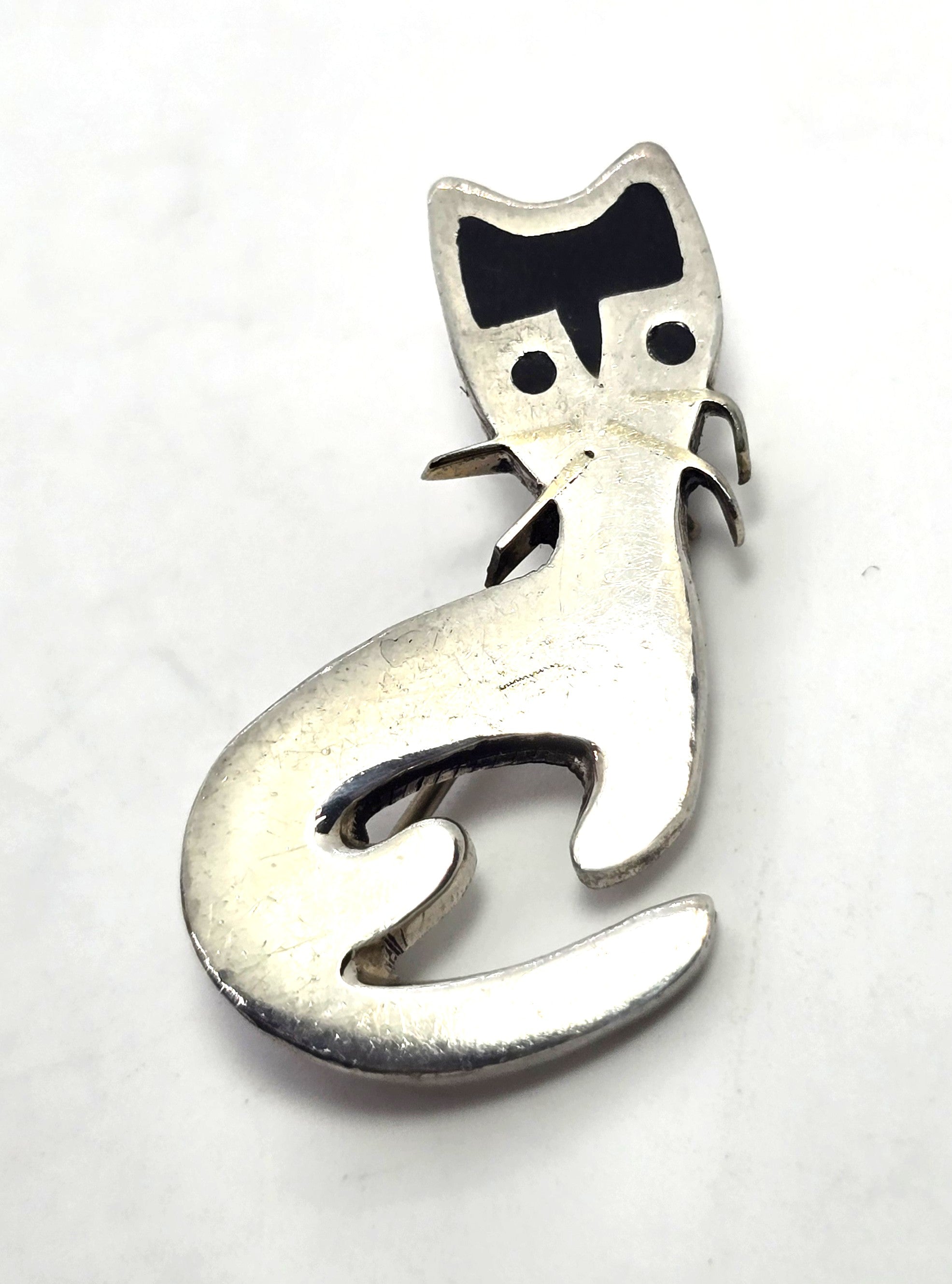 Mexico Taxco Black Enamel small Kitty Cat vintage sterling silver