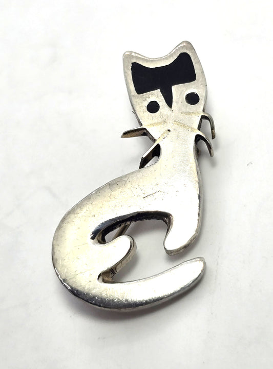 Mexico Taxco Black Enamel small Kitty Cat vintage sterling silver feline brooch