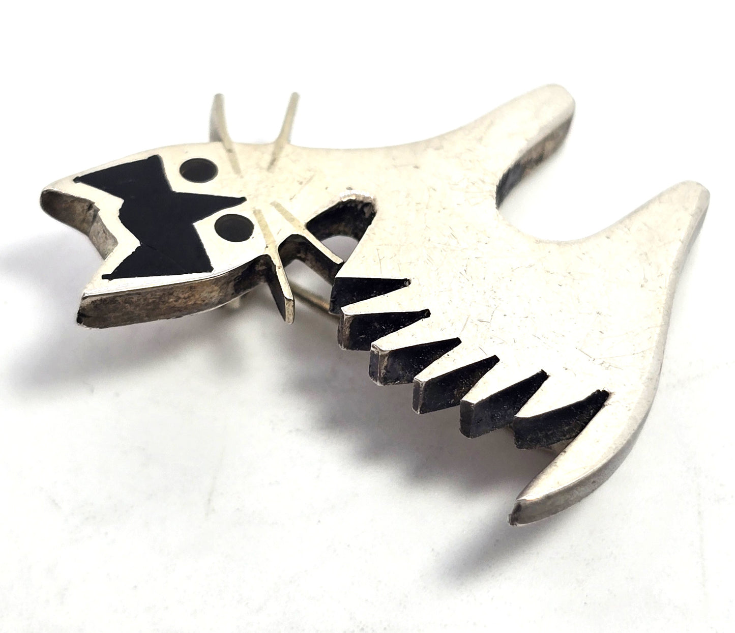 Mexico Taxco Black Enamel Scaredy Cat vintage sterling silver feline brooch