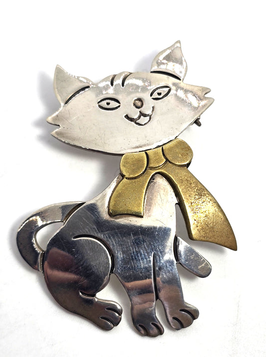 Sheila Laton Taxco Mexican Kitty Cat Large vintage bow sterling silver pendant brooch