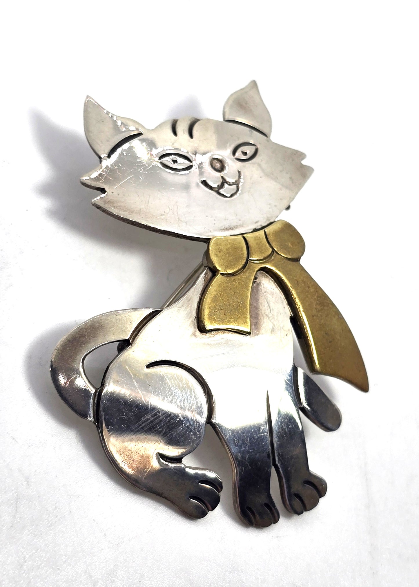 Sheila Laton Taxco Mexican Kitty Cat Large vintage bow sterling silver pendant brooch