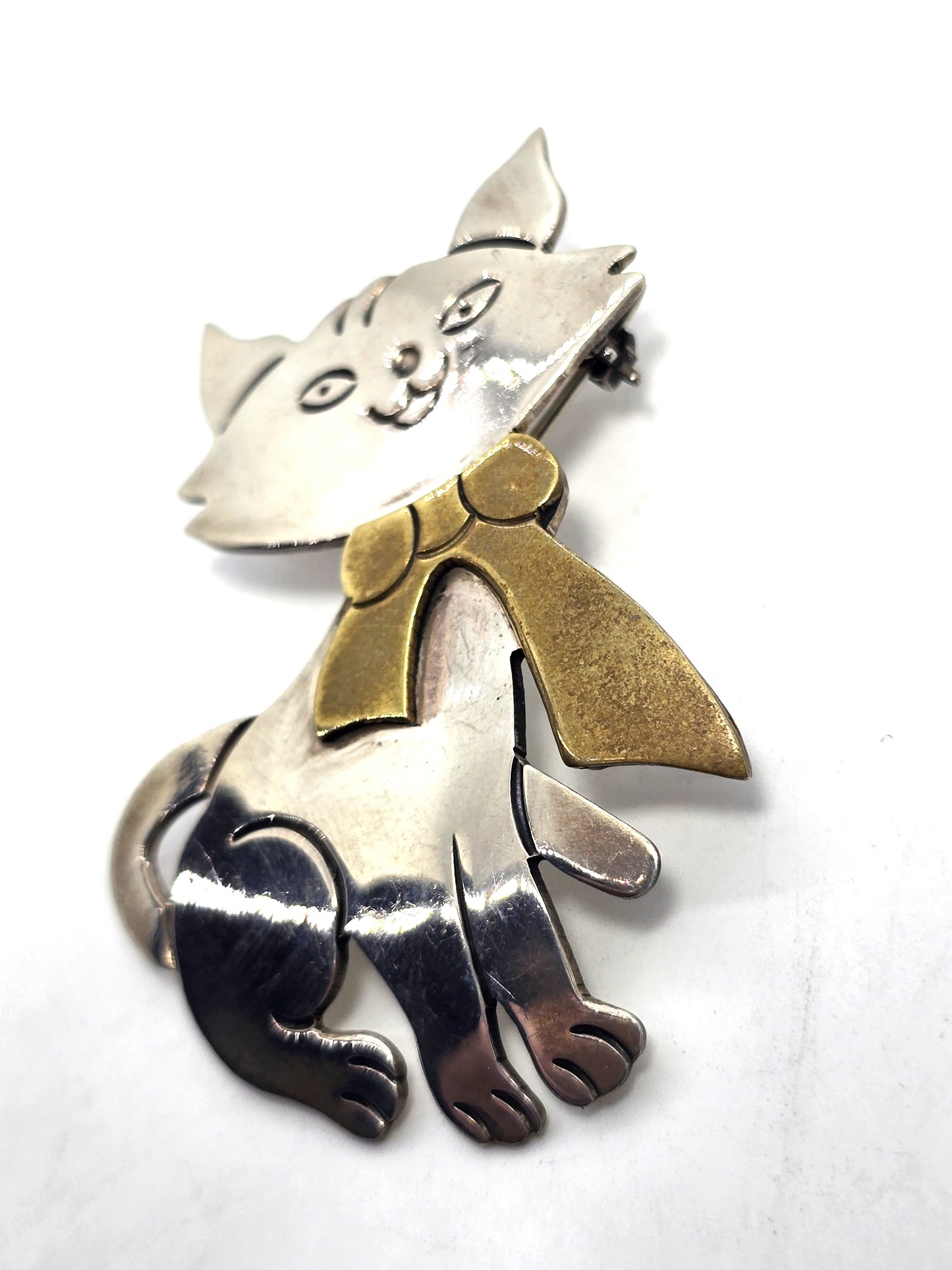 Sheila Laton Taxco Mexican Kitty Cat Large vintage bow sterling silver pendant brooch