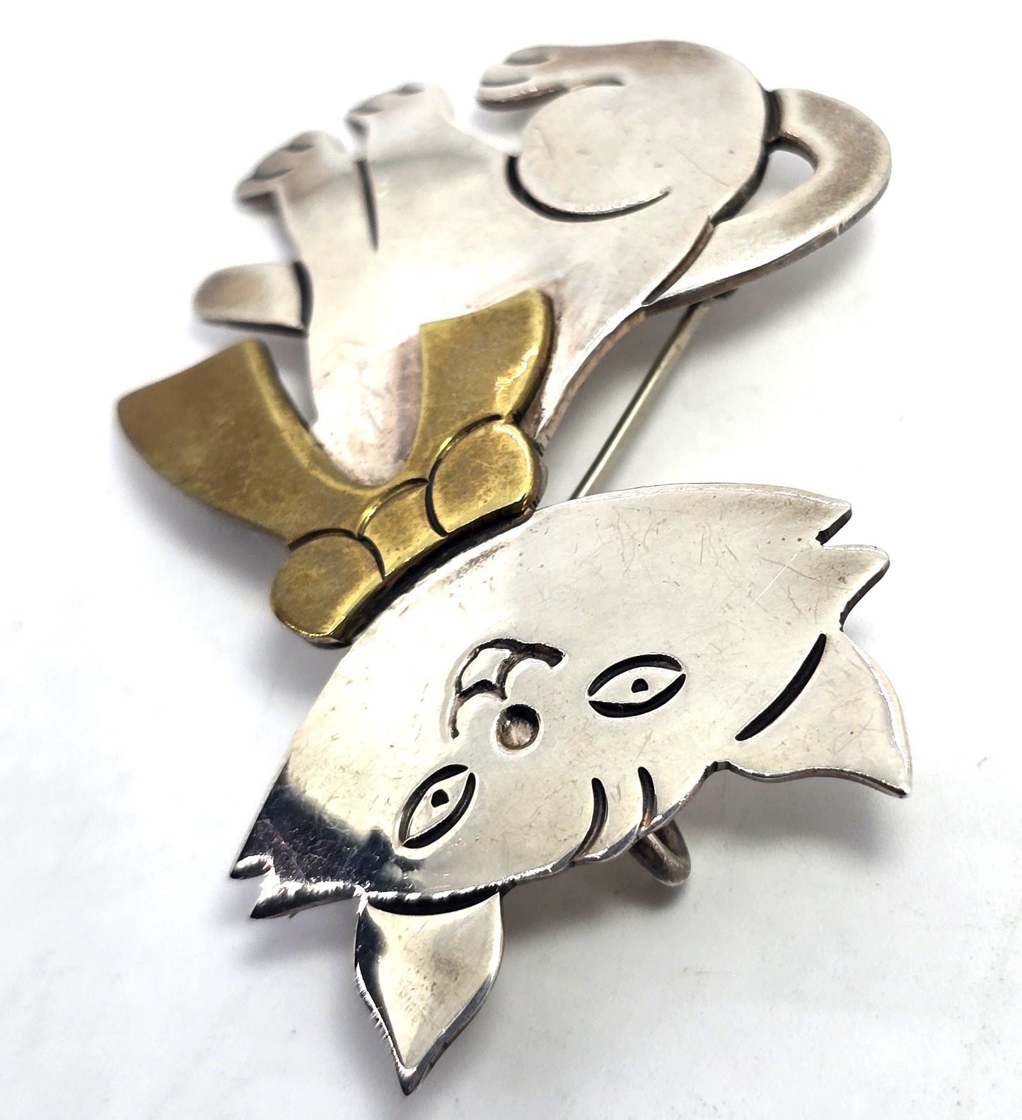 Sheila Laton Taxco Mexican Kitty Cat Large vintage bow sterling silver pendant brooch