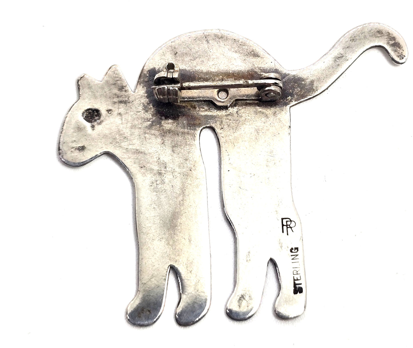 Scaredy Cat Artisan RR vintage sterling silver feline cat brooch