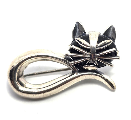 Beau Sterling black onyx modernist mid century cat vintage sterling silver brooch
