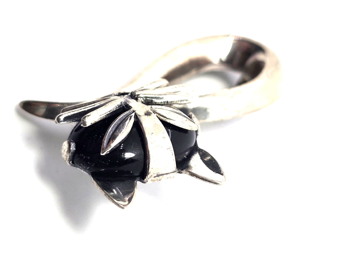 Beau Sterling black onyx modernist mid century cat vintage sterling silver brooch