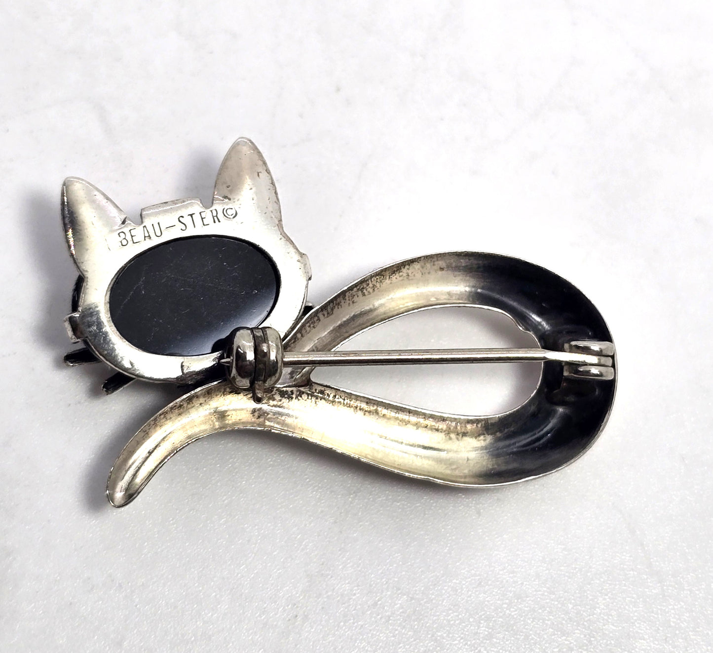 Beau Sterling black onyx modernist mid century cat vintage sterling silver brooch